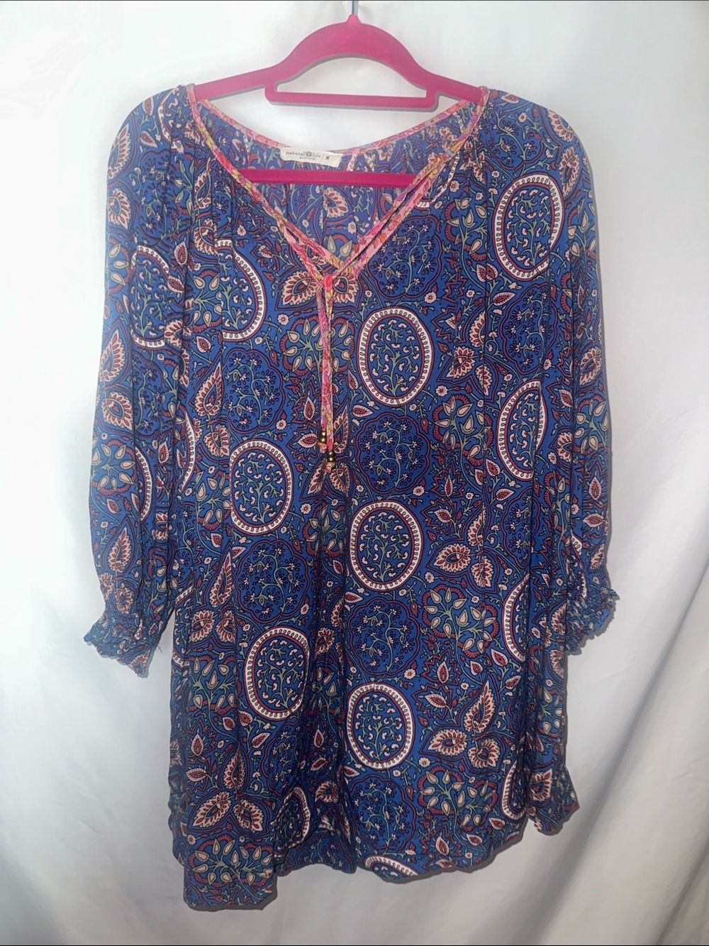 NATURAL LIFE Blue Paisley V-Neck Tunic with Coral Trim